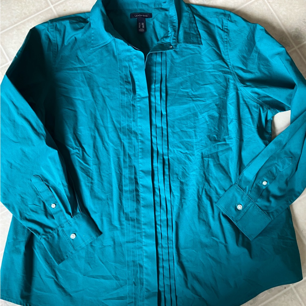 Lands' end dark turquoise‎ Button down blouse Pleated Front